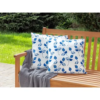 Polštář Sada 2 zahradních polštářů Bílý a modrý polyester 45 x 45 cm čtvercový polštář s motivem listů Moderní design Rozptylový polštář Beliani