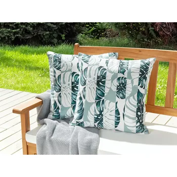Dekorativní polštářek Sada 2 zahradních polštářů Zelený polyesterový listový pruhovaný vzor 45 x 45 cm Moderní venkovní dekorace Odolné proti vodě Beliani