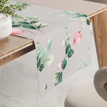 ubrus Bavlněný běhoun na stůl Sandra SA-452 Růžové květy na šedém 35x120 cm