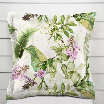 Povlak na polštářek Sametový povlak na polštář s lemem Tamara TMR-035 Fialové zvonky s listy na bílém 50 x 60 cm