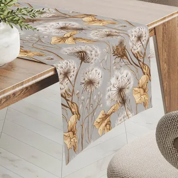 ubrus Bavlněný běhoun na stůl Sandra SA-517 Podzimní pampelišky na šedém 35x120 cm