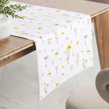 ubrus Bavlněný běhoun na stůl Sandra SA-497 Žluté bylinky na bílém 20x140 cm
