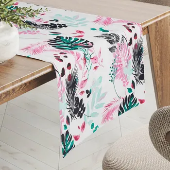 ubrus Bavlněný běhoun na stůl Sandra SA-413 Růžové a zelené tropické listy na bílém 20x140 cm