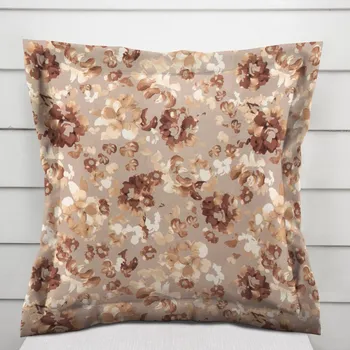 Povlak na polštářek Sametový povlak na polštář s lemem Tamara TMR-042 Hnědé květy na šedobéžovém 50 x 50 cm