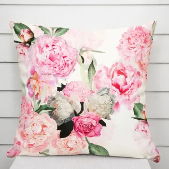 Povlak na dekorativní polštářek Sametový povlak na polštář Tamara TMR-037 Růžové pivoňky na bílém 40 x 40 cm