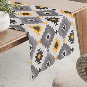 ubrus Bavlněný běhoun na stůl Sandra SA-520 Žluto-šedý aztécký vzor 35x120 cm