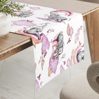 ubrus Dětský bavlněný běhoun na stůl Sandra SA-464 Sloni s fialovou duhou na bílém 35x120 cm