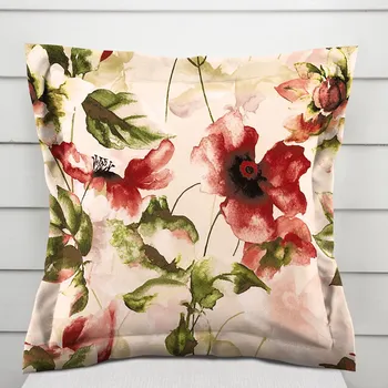 Povlak na dekorativní polštářek Sametový povlak na polštář s lemem Tamara TMR-051 Abstraktní červené květiny na žlutobéžovém 40 x 60 cm