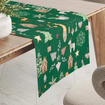 ubrus Vánoční bavlněný běhoun na stůl Sandra SA-508 Vánoční skřítci a ozdoby na zeleném 35x120 cm