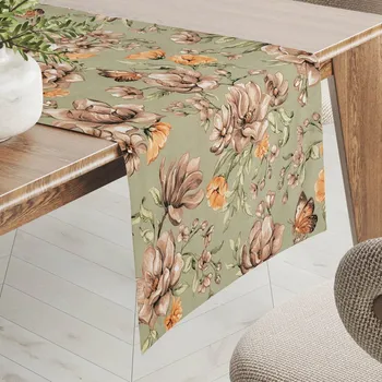 ubrus Bavlněný běhoun na stůl Sandra SA-472 Hnědé květy magnolie na zeleném 20x120 cm