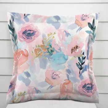 Povlak na dekorativní polštářek Sametový povlak na polštář s lemem Tamara TMR-030 Růžovo-modré akvarelové květy 40 x 40 cm