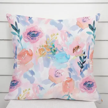 Povlak na polštářek Sametový povlak na polštář Tamara TMR-030 Růžovo-modré akvarelové květy 50 x 60 cm