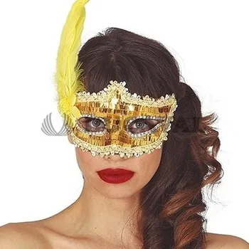 Party dekorace Škraboška zlatá s peřím