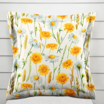 Povlak na polštářek Dekorační povlak na polštář s lemem PML-104 Bílé a žluté kopretiny na bílém 50 x 60 cm