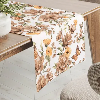 ubrus Bavlněný běhoun na stůl Sandra SA-458 Hnědé květy magnolie s motýlky na bílém 35x120 cm