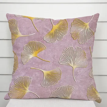 Povlak na polštářek Sametový povlak na polštář Tamara TMR-001 Ginkgo lístky na starorůžovém 50 x 50 cm