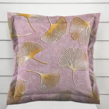 Povlak na polštářek Sametový povlak na polštář s lemem Tamara TMR-001 Ginkgo lístky na starorůžovém 40 x 40 cm