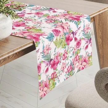 ubrus Bavlněný běhoun na stůl Sandra SA-493 Kolibříci s růžovými květy na bílém 35x120 cm