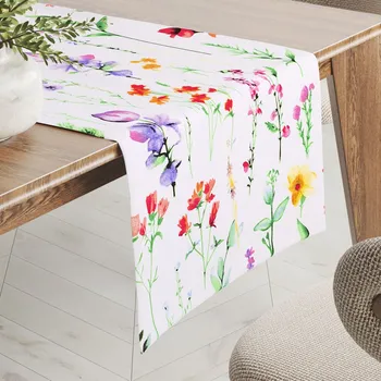 ubrus Bavlněný běhoun na stůl Sandra SA-492 Květovaná louka na bílém 20x180 cm