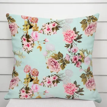 Povlak na polštářek Sametový povlak na polštář Tamara TMR-038 Růžová zahrada na světle modrém 50 x 50 cm