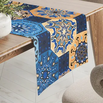 ubrus Bavlněný běhoun na stůl Sandra SA-448 Modro-oranžové marocké dlaždice 20x120 cm