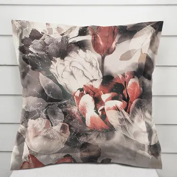 Povlak na polštářek Dekorační povlak na polštář s lemem Parma PM-111 Cihlově červené květy na kouřově šedohnědém 50 x 50 cm