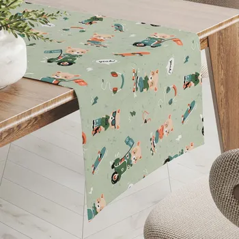 ubrus Dětský bavlněný běhoun na stůl Sandra SA-468 Méďové na motorkách na zeleném 35x140 cm