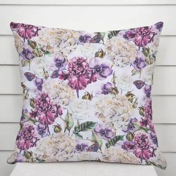 Povlak na dekorativní polštářek Dekorační povlak na polštář PML-108 Fialové květiny s motýlky na bílém 40 x 40 cm