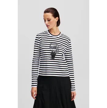 TRIČKO KARL LAGERFELD IKON PRINT STRIPE LSLV TOP BLACK-CANNOLI CREAM STRIPE