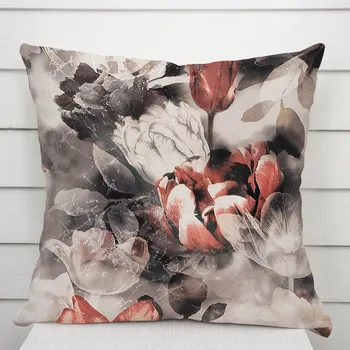 Povlak na polštářek Dekorační povlak na polštář Parma PM-111 Cihlově červené květy na kouřově šedohnědém 50 x 60 cm