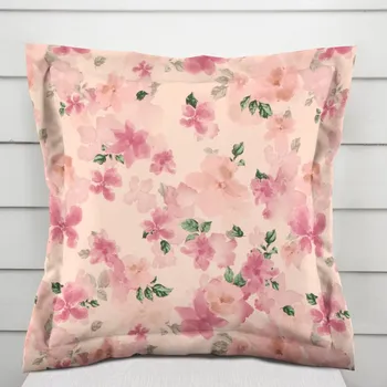 Povlak na dekorativní polštářek Sametový povlak na polštář s lemem Tamara TMR-039 Růžovo-fialové akvarelové květy na světle lososovém 40 x 60 cm