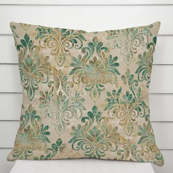 Povlak na polštářek Sametový povlak na polštář Tamara TMR-049 Hnědo-zelený zámecký vzor na světle hnědém 50 x 60 cm