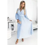 Skládané světle modré šifonové šaty s dlouhými rukávy a páskem KLARA 414-10 Velikost: ONE SIZE