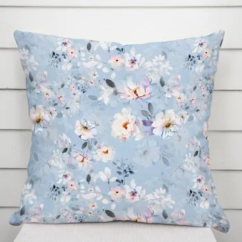 Povlak na dekorativní polštářek Sametový povlak na polštář Tamara TMR-044 Jarní květy na nebesky modrém 30 x 50 cm