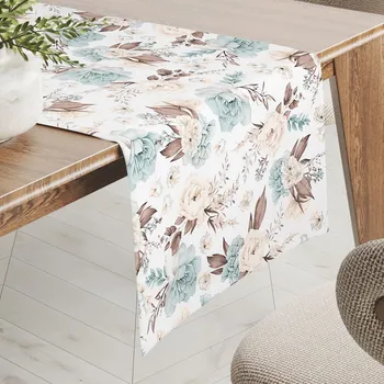 ubrus Bavlněný běhoun na stůl Sandra SA-451 Žluto-hnědo-mintové růže na bílém 35x140 cm