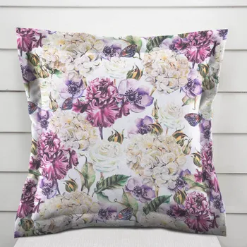 Povlak na polštářek Dekorační povlak na polštář s lemem PML-108 Fialové květiny s motýlky na bílém 50 x 50 cm