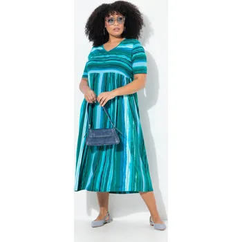 Dámské šaty Ulla Popken, Plus size Žerzejové šaty, pruhy, A střih, výstřih do V, krátké rukávy pro plnoštíhlé nadměrná velikost, 829524740-1132, tyrkysový, 58/60, Nadměrné velikosti, Plus size oblečení, Oblečení pro boubelky, Oblečení pro baculky, Oblečení pro plnošt