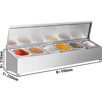 Dóza na potraviny G.Gastro Komerční držák na koření Gastronorm GN 1/6 – výklopné nerezové víko – 990×250×210 mm – 6×GN 1/6