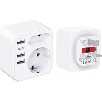 Elektrická zásuvka 6 V 1, CESTOVNÍ ADAPTÉR EU DO UK, ZÁSUVKA SE 3 USB PORTY A 1 USB-C PORTEM