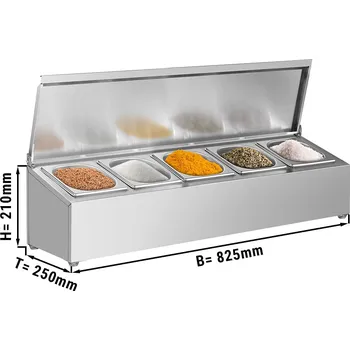 G.Gastro Komerční držák na koření Gastronorm GN 1/6 – výklopné nerezové víko – 825 × 250 × 210 mm – 5 × GN 1/6