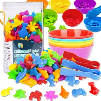 Dřevěná hračka Montessori Hra: Učení se zvířátkům, počítání a barvám