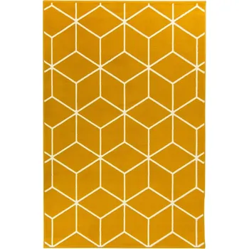 Koberec KOBEREC HOŘČICOVÝ MEDOVÝ ŽLUTÝ CUBES 3D KOSOČTVERCE ČÁRY LINKY LUNA 70x140 cm