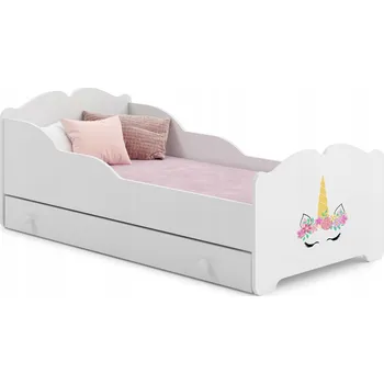 Dětská postel ANNA bílá s grafikou jednorožce 140x70 šuplík matrace