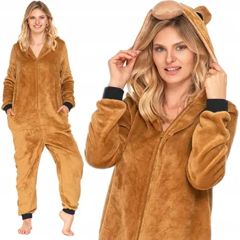 Dámské pyžamo Moraj kombinéza/ overal pyžamo jednodílné pohodlné kapuce hnědá velikost M