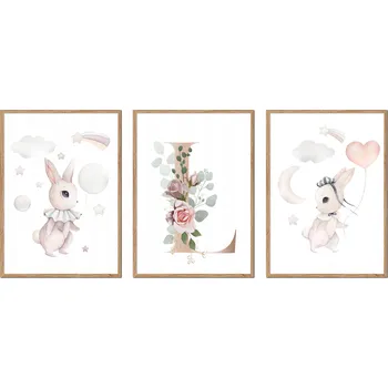 Obraz SADA 3 OBRAZŮ V RÁMU dětské králíčci zajíčci PÍSMENO L P2637_33x43