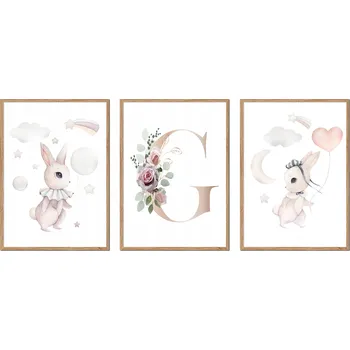 Obraz SADA 3 OBRAZŮ V RÁMU dětské králíčci zajíčci PÍSMENO G P2632_A4