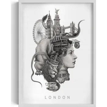 Obraz Plakát Obraz v rámu Černobílý London Big Ben Tower Bridge Autobus 50x70 v rámu 50 x 70 cm