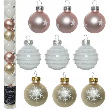 Vánoční dekorace Vánoční Baňky na vánoční stromeček Skleněné - Sada Mix světle růžovo-zlaté, 9 ks