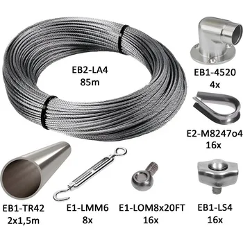 Pletivo sada pro upínání rostlin, nerezové trubky a lanko - lanková stěna pro pnoucí rostliny na zeď, zelená stěna, kompletní set, rozměr 10 x 1,5 m