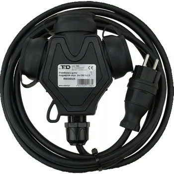 Napájecí kabel T-ROZDĚLOVAČ PRODLUŽOVACÍ KABEL STAVEBNÍ GUMOVÝ 250V 16A 3 METRY 3 X 2,5MM IP44